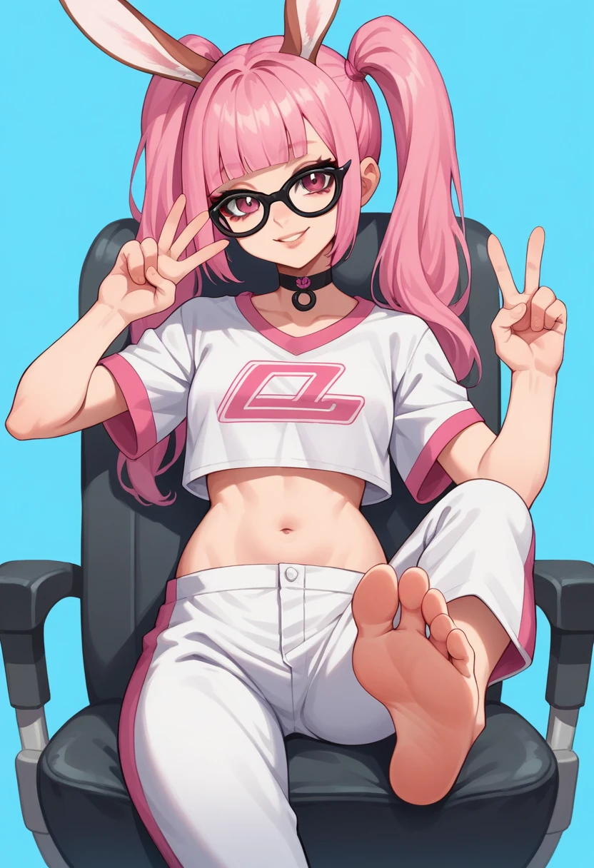 Masterpiece, deer animal ears, foot focus, foot fetish, perfect face, smile, vramslace, 1girl, solo, long hair, looking at viewer, bangs, shirt, navel, twintails, pink hair, perfect hair, glasses, choker, midriff, pants, blunt bangs, rabbit ears, two-tone hair, lips, crop top, v, blue background, t-shirt, black-framed eyewear, print shirt, sitting, pink racing chair, white racing chair