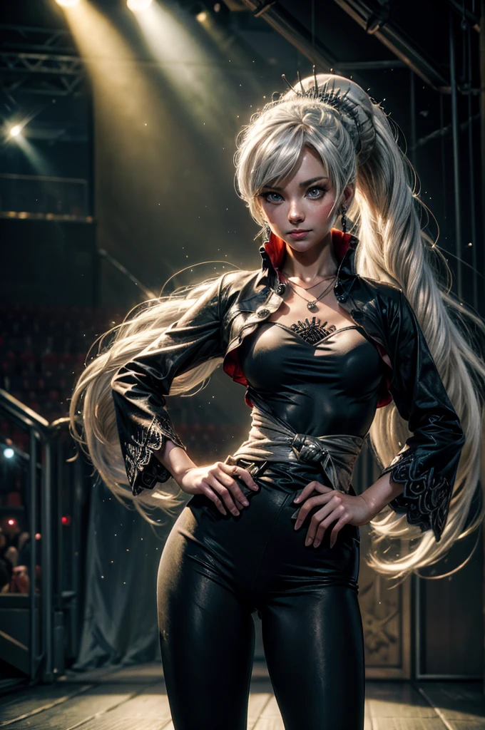 (masterpiece, best quality:1.2), cowboy shot, weissvale, smile, closed mouth, hand on hip, looking at viewer, long white hair, side ponytail, scar above eye, scar below eye, t-shirt, yoga pants,  jewelry, necklace, earrings, future_urban, standing in theatre, on stage, orchestra, audience, crowd, (volumetric lighting), intricate details, tonemapping, sharp focus, hyper detailed 