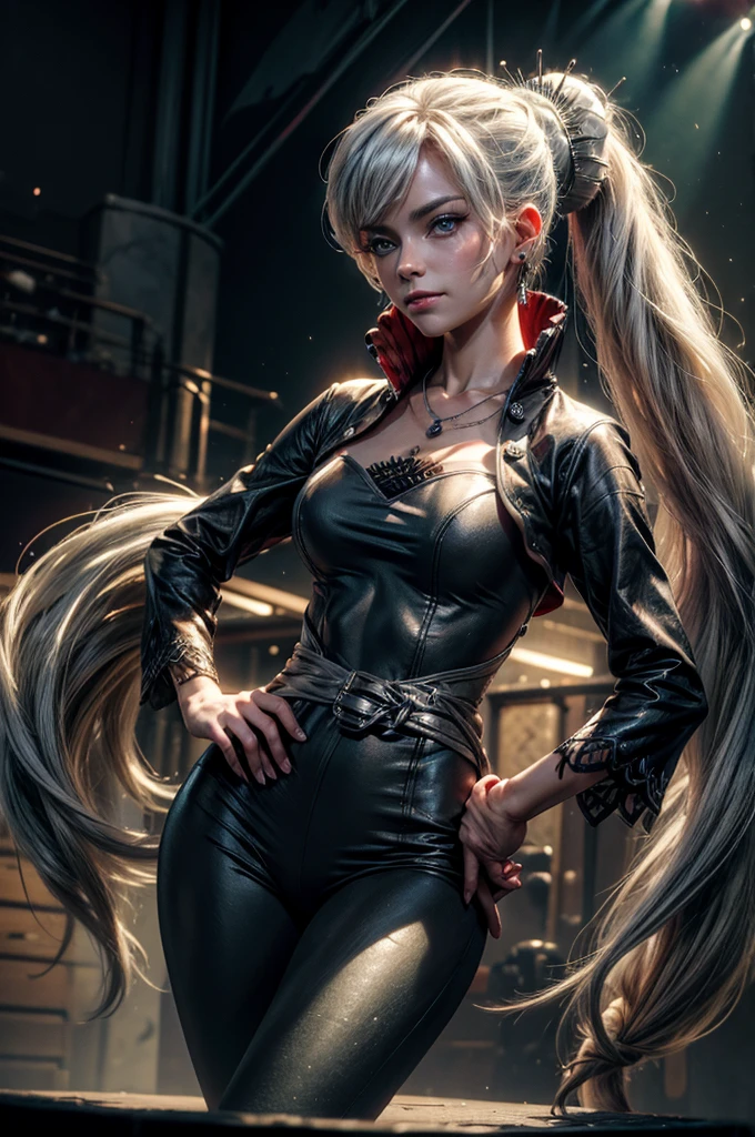 (masterpiece, best quality:1.2), cowboy shot, weissvale, smile, closed mouth, hand on hip, looking at viewer, long white hair, side ponytail, scar above eye, scar below eye, t-shirt, yoga pants, jewelry, necklace, earrings, future_urban, standing in theatre, on stage, orchestra, audience, crowd, (volumetric lighting), intricate details, tonemapping, sharp focus, hyper detailed