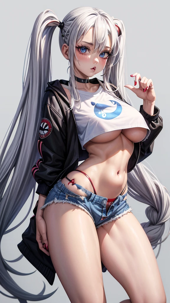 Harley Quinn in, twin-tailed hair, blue eyess, a navel, Look at viewers, put hands on the hip, Black jacket, Dolphin Shorts, Rat trail section, (white shirt:1.2), Braids, Very long hair, wide waist, busty, thick thighs,
underboob showing,
big\(BodyProportions\),