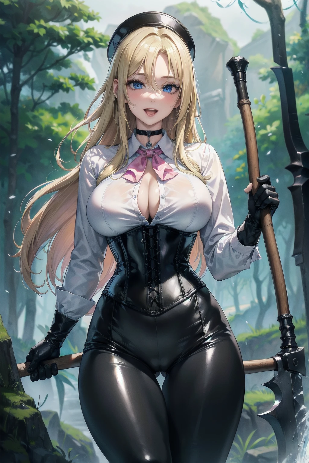 Masterpiece, Superior image quality, high resolution, 4k image,photo and gross, photorealistic, whole body, distant view, ung blonde of 15 years, {{{vagina}}}, big breasts, beautiful face, long blonde hair, Blue eyes, very detailed eyes, pink cheeks, happy expression, draw smile with open mouth, choker:1.6, (white collar button down long sleeve shirt), black gloves, gloves that cover hands, (holding an ax in the right hand), (black leather corset), (shiny black leggings), Sensual Lips, show details in the eyes, View from the front, looking at the viewer, dark forest path, evening, Atmosphere, fog