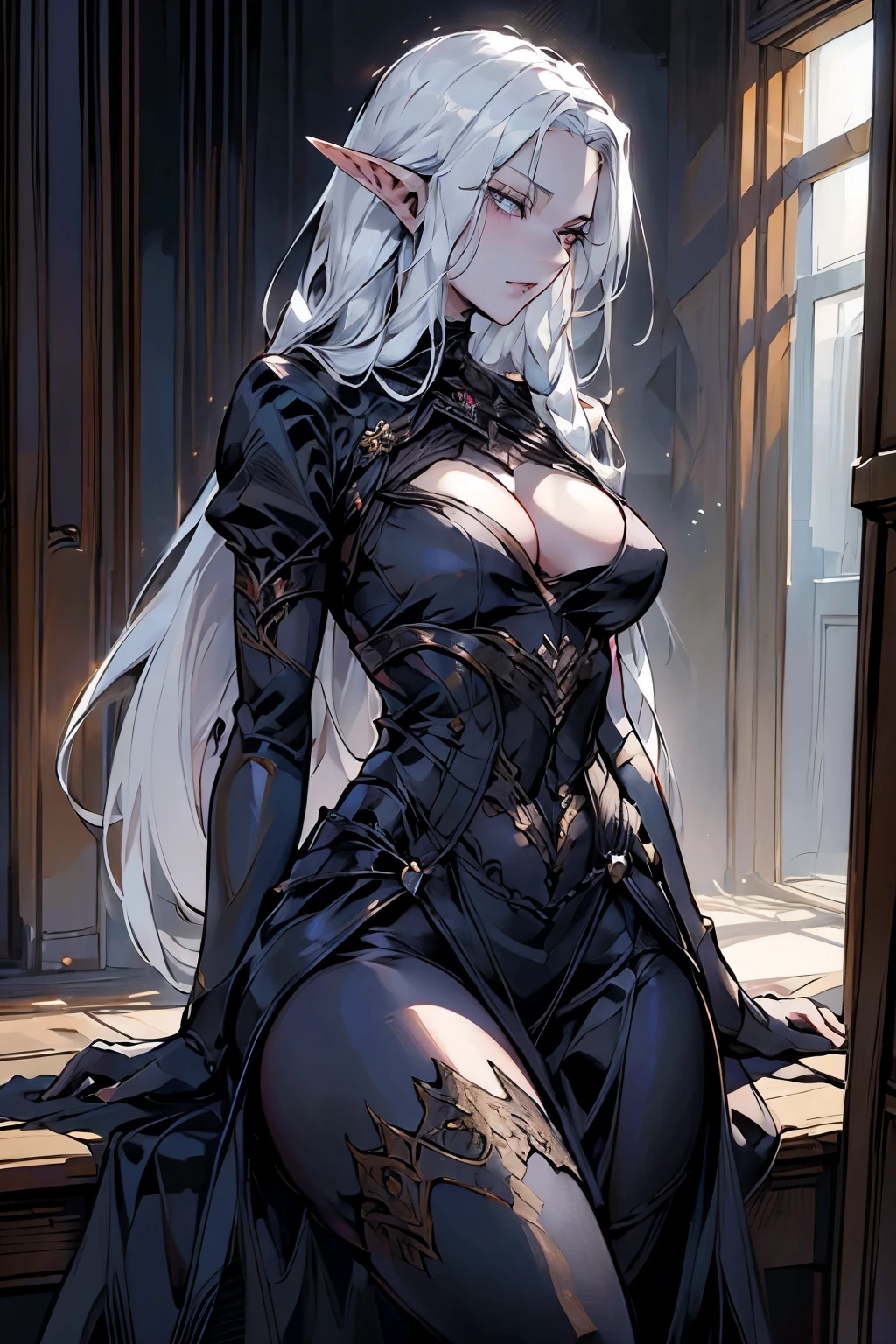 solo, ((masterpiece)),((high resolution)),((best quality)), extremely fine and beautiful, super fine illustration, (realistic skin), (insanely detailed anime eyes), mature, milf, vivid and beautiful, shocking sensation, incredibly detailed, beautiful detailed girl, (sensual), (medium supple breasts:0.7), front view, lounging, facing at viewer, black dress, (elf), covered, (sensual courtesan dress:1.0) ((white hair)), (very long hair), profile, (small breasts:0.9), (plump thighs:0.6), (wide hips:0.6), movie lighting, perfect shadow, realistic lighting shaded, medieval fantasy brothel scenery