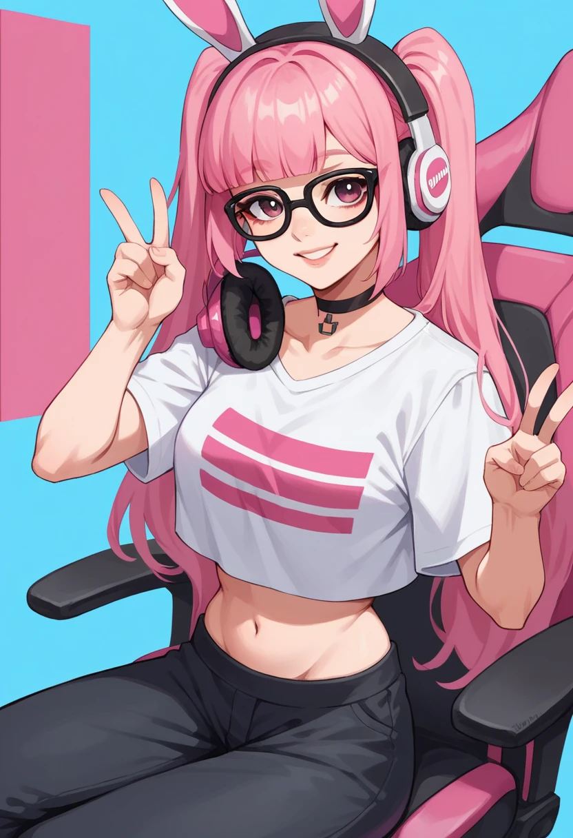 Masterpiece, deer, pink gamer headphones, white gamer headphones, perfect face, smile, vramslace, 1girl, solo, long hair, looking at viewer, bangs, shirt, navel, twintails, pink hair, perfect hair, glasses, choker, midriff, pants, blunt bangs, rabbit ears, two-tone hair, lips, crop top, v, blue background, t-shirt, black-framed eyewear, print shirt, sitting, pink racing chair, white racing chair