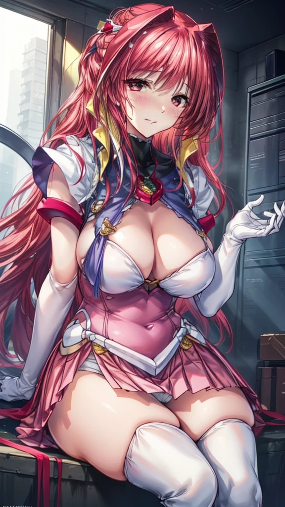 12k,Escalayer,long hair,hair_ornament,Red eyes,Pink Dress,White long gloves,thigh_boots, Embarrassing ,blush,,,White panties,,masterpiece,Noise Reduction,Perfect Anatomy,High resolution, Very detailed,Game CG,Dutch Angle ,Beautiful attention to detail,Visual Arts,Five Fingers, Perfect hands, Perfect lighting,,Red eyes,(銀hair:1.4),Wicked Smile,(Inside a futuristic base:1.1)，Huge Breasts