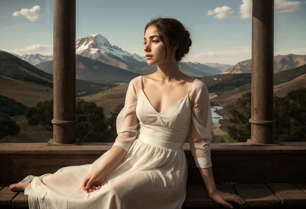 A beautiful woman sitting, behind her a a beautiful landscape. Relaxed and contemplative