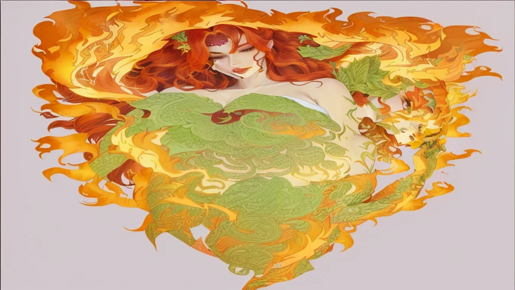 a closeup of a woman in a fire dress, burning dye, Poison Ivy, inspired by mary jane start, his body made of flames, Goddess of Fire, lava and Goddess of Fire, full color illustration, her hair is made of fire, hot Goddess of Fire, appears as the Goddess of Fire, Goddess of Fire, inspired by the phoenix