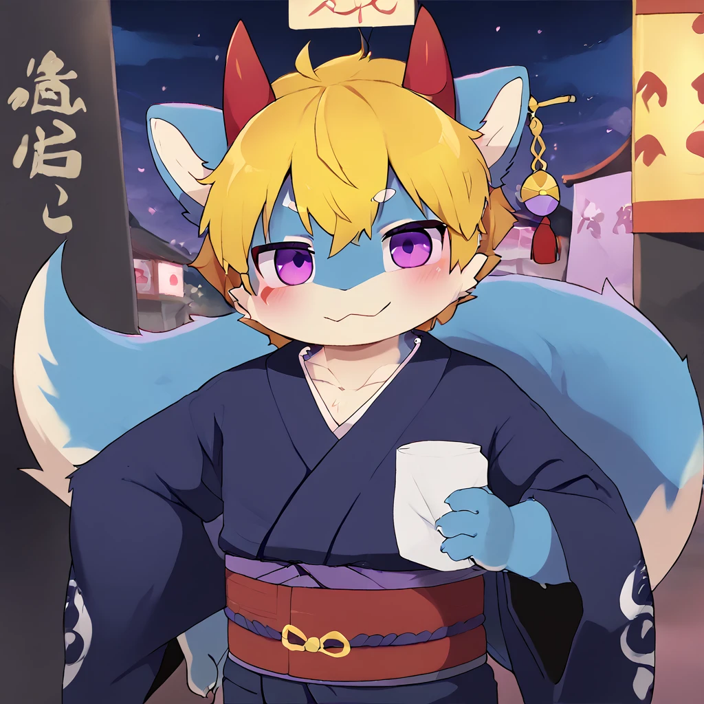 A male dragon have blue fur with 2 red horn on the head, yellow hair and purple eyes, wear kimono clothes Japanese style