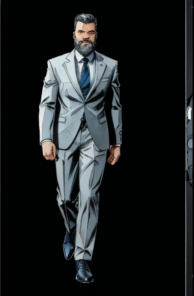 man looking at viewer, style marvel comics, full height body, front view, kindly smiling,detailed white beard,detailed face,short white haircut,wearing business suit,dark blue tie,gray pants,black shoes,white background,masterpiece,photorealistic,ultra-detailed,vibrant colors