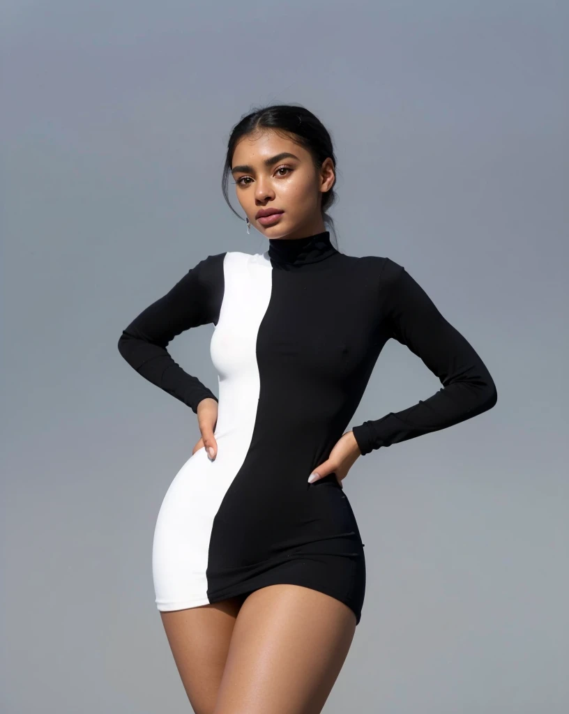 (Beautiful girl, Yara Shahidi, KIKI Layne, Kylie Jenner, Maitreyi Ramakrishnan, young Jessica Alba), Wearing tight white and black cotton-lycra-fabric long sleeve mini dress, beautiful soft thighs, (HDR, 8K, vivid, vibrant, detailed: 1.4), (hyper realistic, movie graphics)