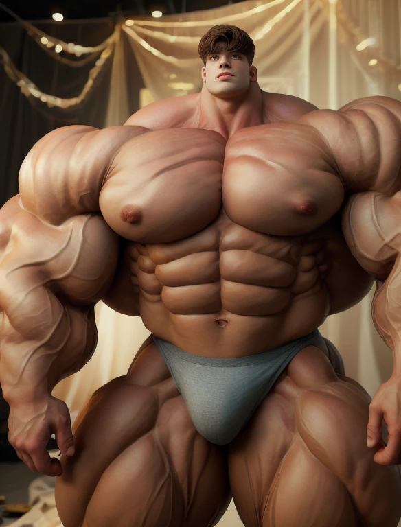 1boy, giant, giant bodybuilder, stand, illuminating light, strong body, bulk, large size, staring, armpit, in the whiet photo studio, nude, jute triangular underwear, prominent bulge, extraordinary big, brutalmass, giant, muscular body, bulk, buff, massive body, large meaty body size, extremely wide body