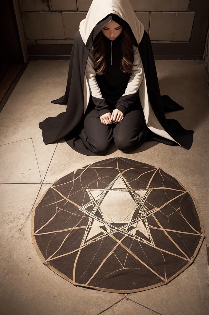 People in hooded cloaks surround a pentagram drawn on the floor of a basement 