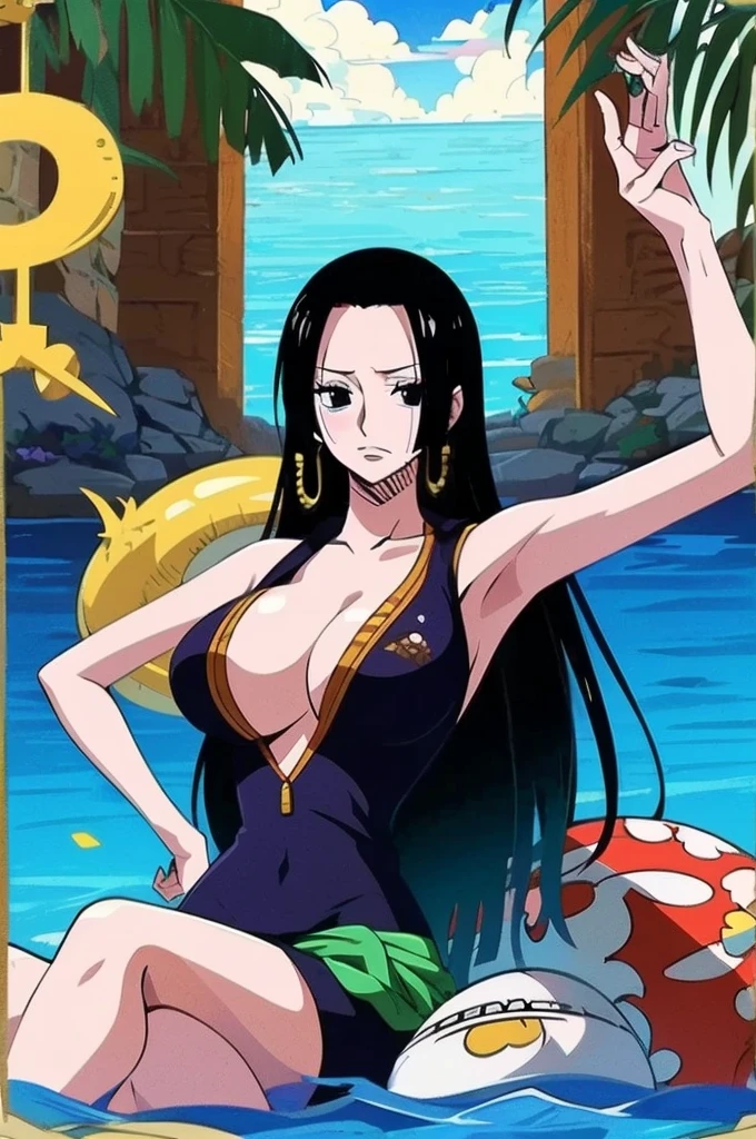 Nico Robin from one piece, black long hair, blue eyes, dark wide pupils, blushing, big breasts, side boobs, wearing bikini, standing in the beach , side view,