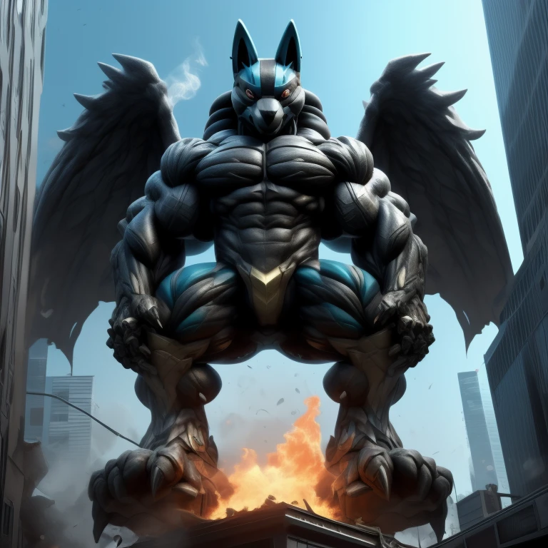 (masterpiece. official art. 8k. best quality. detailed full body. full body.)
(situation 1 : dominating LUCARIO. focus GIANT mechanical Muscular LUCARIO is trampling the CITY. macro. stomp. Low-angle perspective. emphasizing the immense size. The perspective is from below, emphasizing the sheer majesty and power of the Giant. giant art. He is much bigger than a skyscraper. Giga Giants. micro soccer field. looking down.)

(situation 2 :smoke and flames rising from the destruction in the city)

(Additional details 1: wearing a full-face helmet. helmet is jet black. The color of NANOSUIT is jet black. high-tech bio-mecha armor. real texture material. whole body shines like metal. Wearing cyberpunk mecha. emphasizes the muscles. suit fully made of metal. intricate armor. Robotic suit. suit fully made of metal. no face.). (Lucario has 5 toes.) Wearing a Full Face Toxic Gas Mask. no blue.
An arrogant expression.
smile at the corner of your mouth.

(Additional details 2: (Detailed head. Detailed Body. Detailed abs. gigantic muscles. HYPER MUSCLES. Gigachad Muscular. big muscle. pecs. triceps. traps. unusually developed muscular body. body full of huge muscles. showing off muscles. pectorales enormes. Exaggeratedly huge muscles. huge muscles. long legs.).

(Additional details 3: nj5furry, Spread wings. It has wings. black have big wings. The claws are sharp. Sharp teeth.5 toes.).  Wearing a Full Face Toxic Gas Mask. 