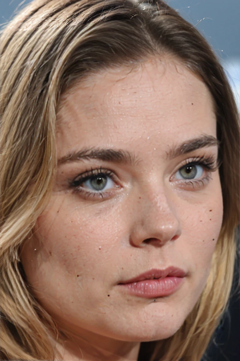 magnifique femme, blonde au yeux bleus de 20 ans, type suédoise, elle se tient en mode portrait très proche de la photo, le visage bien dégagé