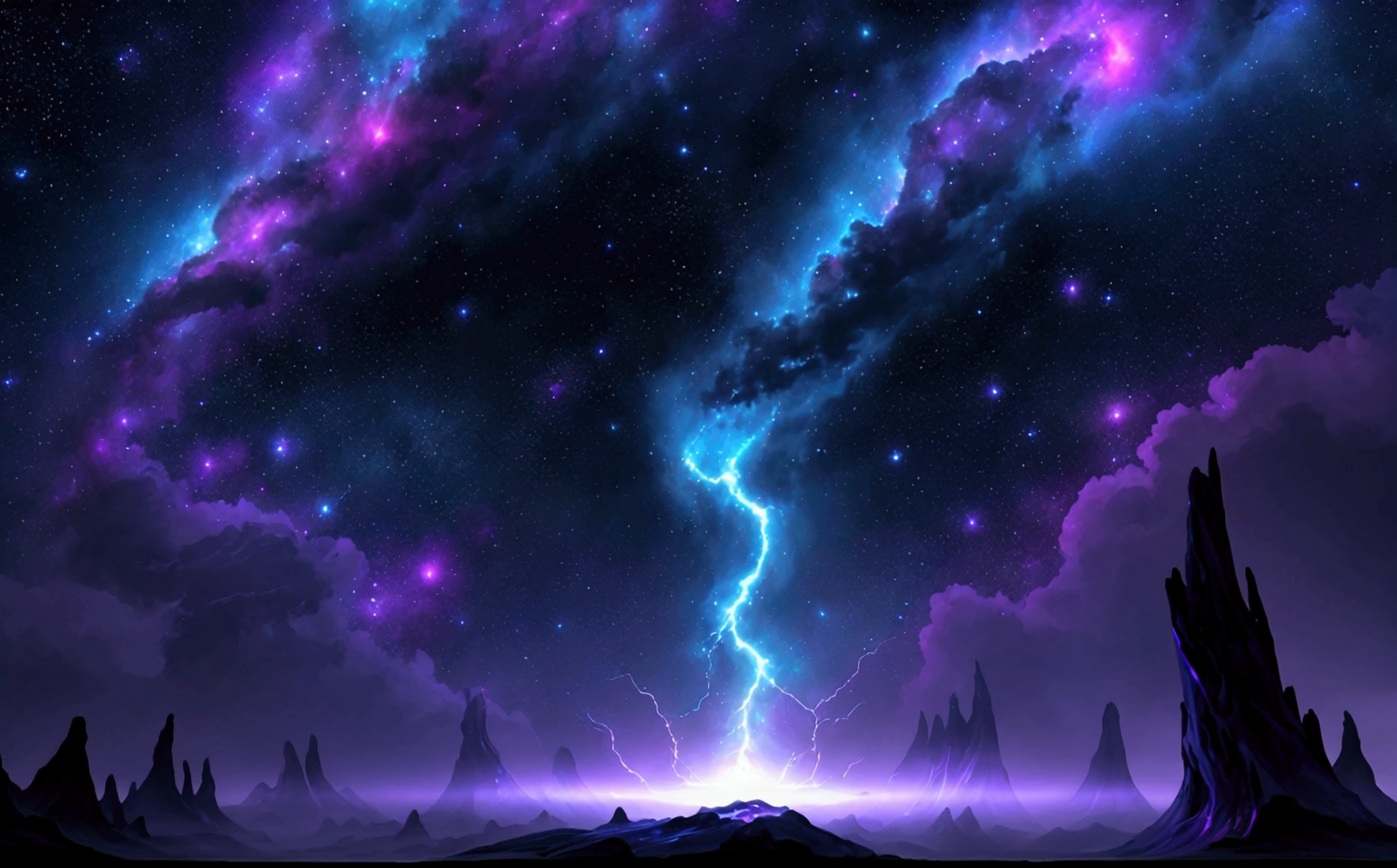 In the vast expanse of the cosmos, a nebula-shaped creature emerges before the serene surface of a distant planet. The creature's ethereal form undulates with an iridescent glow, as if infused with the essence of stardust. Amidst the swirling vortex of blue and purple hues, lightning bolts crackle through the darkness, casting an otherworldly ambiance upon the celestial scene.