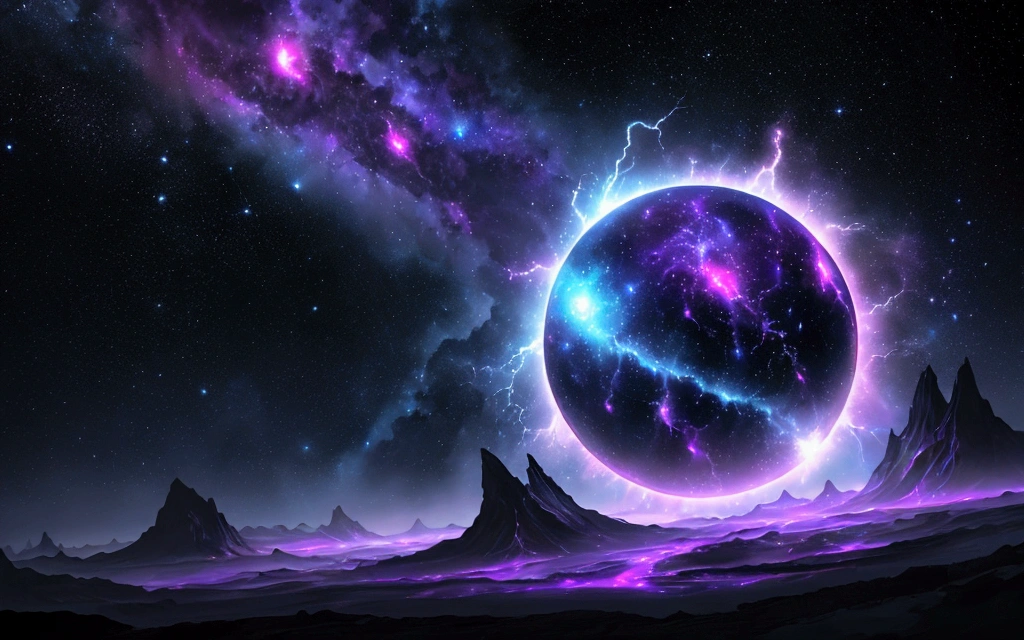 In the vast expanse of the cosmos, a nebula-shaped creature emerges before the serene surface of a distant planet. The creature's ethereal form undulates with an iridescent glow, as if infused with the essence of stardust. Amidst the swirling vortex of blue and purple hues, lightning bolts crackle through the darkness, casting an otherworldly ambiance upon the celestial scene.