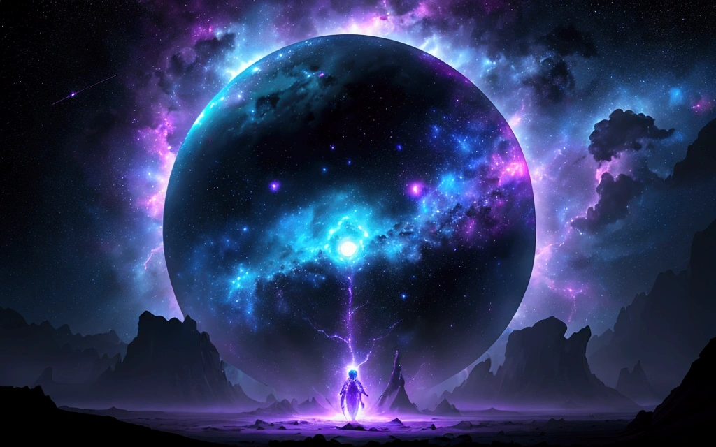 In the vast expanse of the cosmos, a nebula-shaped creature emerges before the serene surface of a distant planet. The creature's ethereal form undulates with an iridescent glow, as if infused with the essence of stardust. Amidst the swirling vortex of blue and purple hues, lightning bolts crackle through the darkness, casting an otherworldly ambiance upon the celestial scene.