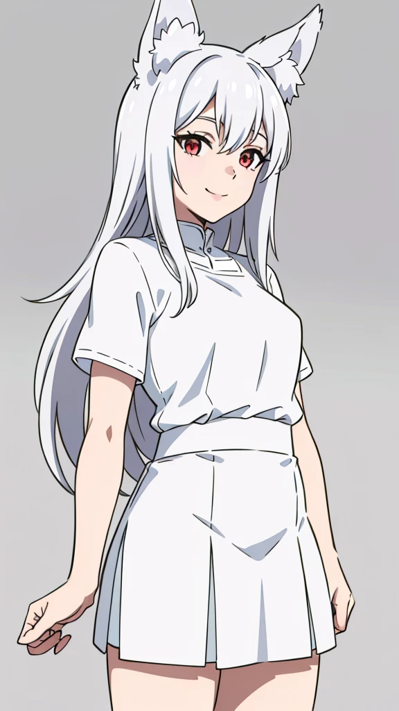 1girl ,solo,20s,mature female,white hair,long hair,fox ears,(simple background),white shirt,white skirt,smile,