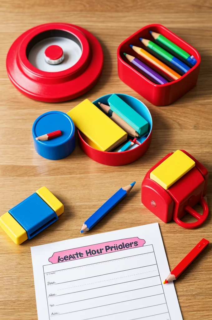 Create a reminder for preschoolers, containing a colored pencil, pencil sharpener and eraser