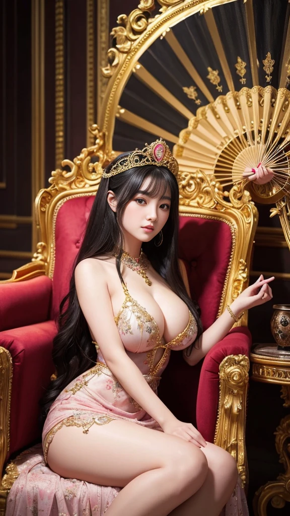 1 elegant japanese woman, beautiful detailed eyes, beautiful detailed lips, extremely detailed eyes and face, long eyelashes, intricate crown, luxurious pink dress, large ornate throne, holding a fan, long black hair, voluptuous figure, photorealistic, 8k, detailed painting, dramatic lighting, cinematic composition, vibrant colors, oil painting、She is sitting on a large throne with her legs crossed,She has such big breasts that they seem to rip her clothes off、Her room is made of gold、Behind her are many soldiers who are protecting her.、She looks down on me with eyes、The throne she sits on is bigger than her and very luxurious. She has the biggest breasts in the world.、There is a lion near her、There's a knight beside her,The throne she sits on is so big、Beside the throne where she sits is a knight guarding her.She is looking at this and smiling