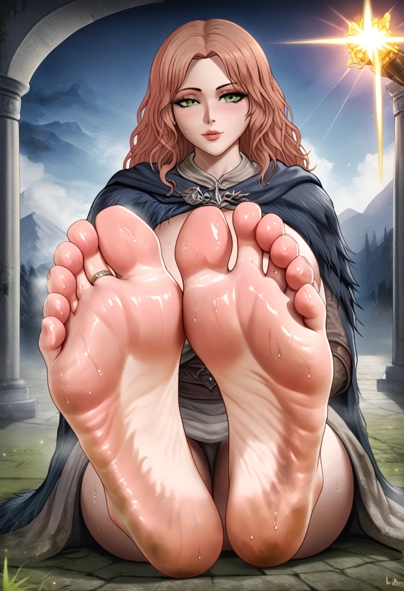 Mellina from Elden Ring, wallpaper, beautiful girl, feet, soles, very dirty soles, wet soles, wrinkled feet, stinky feet, sexy, big breast, sweaty. Masterpiece, UHD