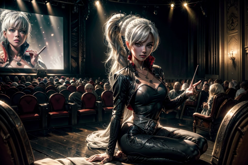 (masterpiece, best quality:1.2), cowboy shot, weissvale, smile, closed mouth, looking at viewer, long white hair, side ponytail, scar above eye, scar below eye, t-shirt, yoga pants, jewelry, necklace, earrings, future_urban, sitting in theatre, on stage, orchestra, audience, crowd, (volumetric lighting), intricate details, tonemapping, sharp focus, hyper detailed
