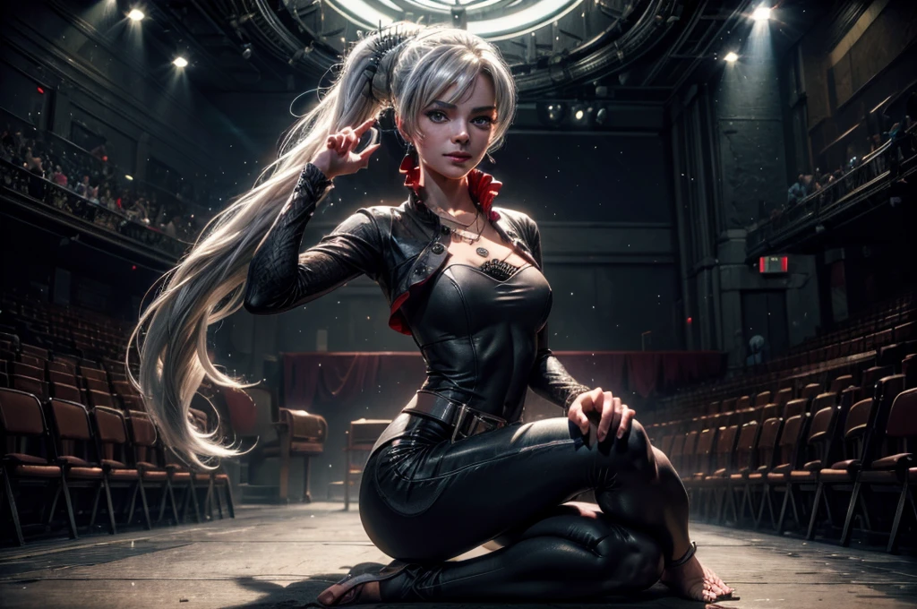 (masterpiece, best quality:1.2), cowboy shot, weissvale, smile, closed mouth, looking at viewer, long white hair, side ponytail, scar above eye, scar below eye, t-shirt, yoga pants, jewelry, necklace, earrings, future_urban, sitting in theatre, on stage, orchestra, audience, crowd, (volumetric lighting), intricate details, tonemapping, sharp focus, hyper detailed