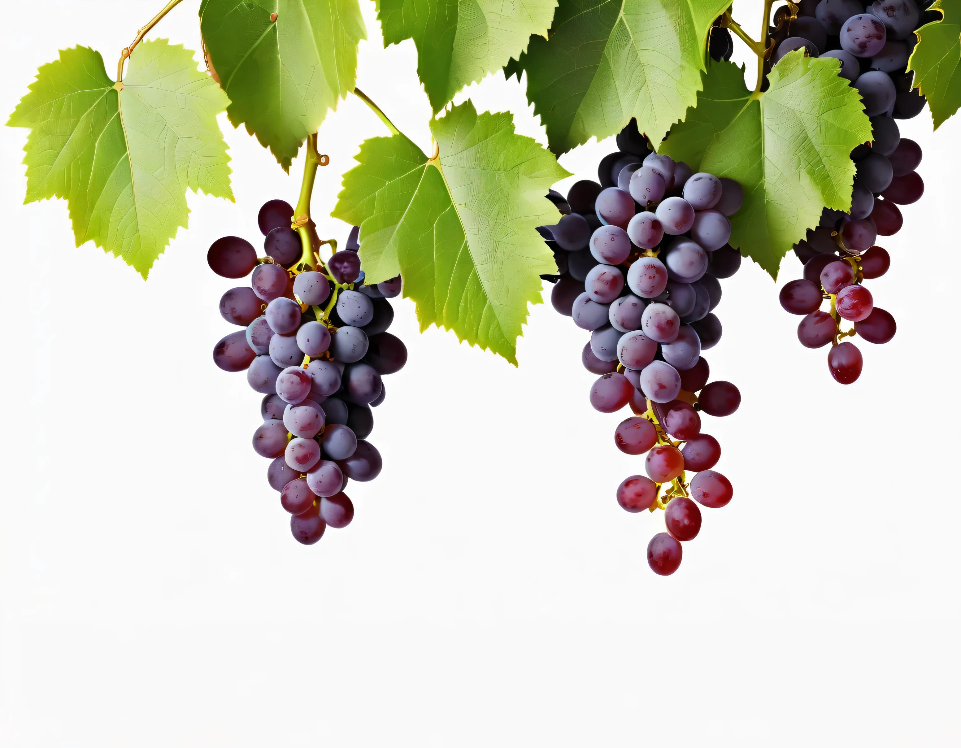 White background, grape leaves and ripe red grapes are in all corners of the white background,
