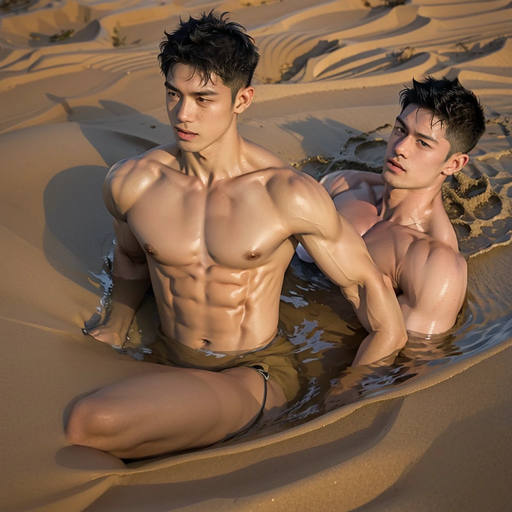 photorealistic,shirtless muscular man, wet body for highlights , struggles to escape quicksand, sinks half body down, 