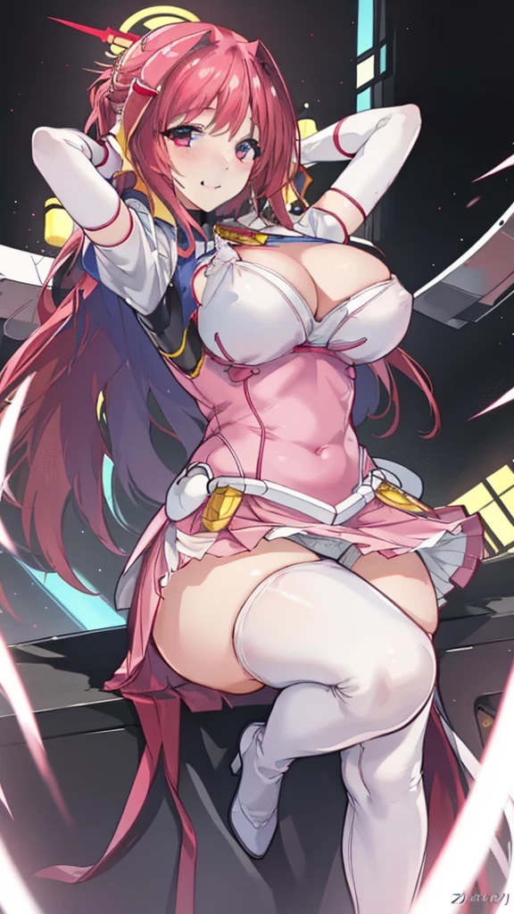12k,Escalayer,long hair,hair_ornament,Red eyes,Pink Dress,White long gloves,thigh_boots, Embarrassing ,blush,,,White panties,,masterpiece,Noise Reduction,Perfect Anatomy,High resolution, Very detailed,Game CG,Dutch Angle ,Beautiful attention to detail,Visual Arts,Five Fingers, Perfect hands, Perfect lighting,,Red eyes,(銀hair:1.4),Wicked Smile,(Inside a futuristic base:1.1),Huge Breasts