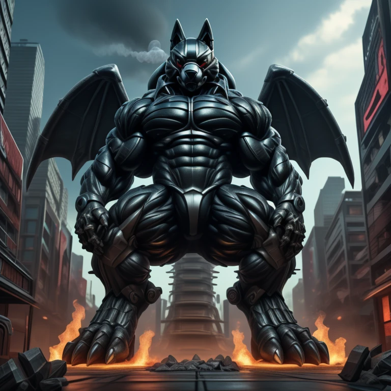 (masterpiece. official art. 8k. best quality. detailed full body. full body.)
(situation 1 : dominating LUCARIO. focus GIANT mechanical Muscular LUCARIO is trampling the CITY. macro. stomp. Low-angle perspective. emphasizing the immense size. The perspective is from below, emphasizing the sheer majesty and power of the Giant. giant art. He is much bigger than a skyscraper. Giga Giants. micro soccer field. looking down.)

(situation 2 :smoke and flames rising from the destruction in the city)

(Additional details 1: wearing a full-face helmet. helmet is jet black. The color of NANOSUIT is jet black. high-tech bio-mecha armor. real texture material. whole body shines like metal. Wearing cyberpunk mecha. emphasizes the muscles. suit fully made of metal. intricate armor. Robotic suit. suit fully made of metal. no face.). (Lucario has 5 toes.) Wearing a Full Face Toxic Gas Mask. no blue.
An arrogant expression.
smile at the corner of your mouth.

(Additional details 2: (Detailed head. Detailed Body. Detailed abs. gigantic muscles. HYPER MUSCLES. Gigachad Muscular. big muscle. pecs. triceps. traps. unusually developed muscular body. body full of huge muscles. showing off muscles. pectorales enormes. Exaggeratedly huge muscles. huge muscles. long legs.).

(Additional details 3: nj5furry, Spread wings. It has wings. black have big wings. The claws are sharp. Sharp teeth.5 toes.).  Wearing a Full Face Toxic Gas Mask. 