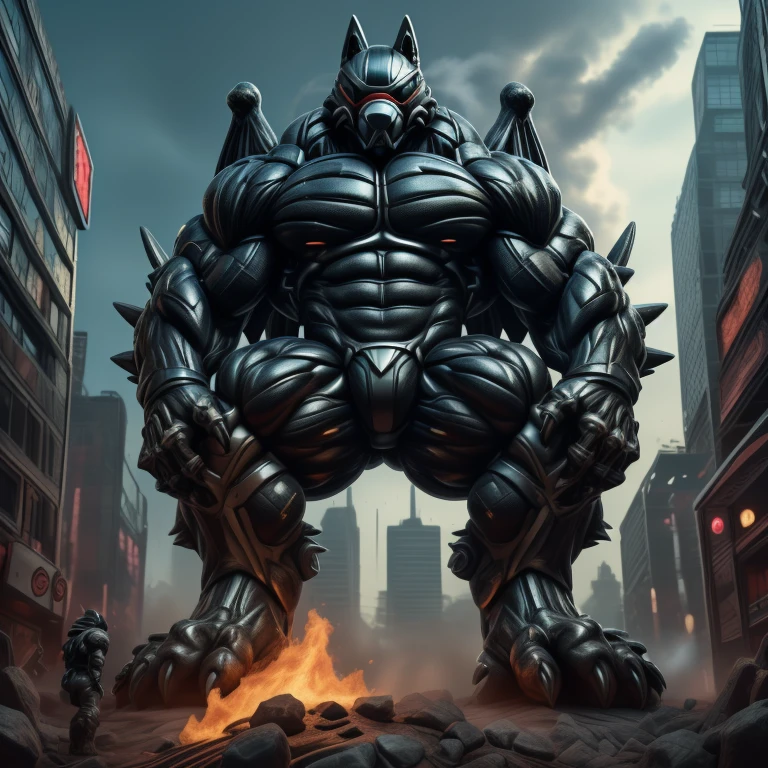 (masterpiece. official art. 8k. best quality. detailed full body. full body.)
(situation 1 : dominating LUCARIO. focus GIANT mechanical Muscular LUCARIO is trampling the CITY. macro. stomp. Low-angle perspective. emphasizing the immense size. The perspective is from below, emphasizing the sheer majesty and power of the Giant. giant art. He is much bigger than a skyscraper. Giga Giants. micro soccer field. looking down.)

(situation 2 :smoke and flames rising from the destruction in the city)

(Additional details 1: wearing a full-face helmet. helmet is jet black. The color of NANOSUIT is jet black. high-tech bio-mecha armor. real texture material. whole body shines like metal. Wearing cyberpunk mecha. emphasizes the muscles. suit fully made of metal. intricate armor. Robotic suit. suit fully made of metal. no face.). (Lucario has 5 toes.) Wearing a Full Face Toxic Gas Mask. no blue.
An arrogant expression.
smile at the corner of your mouth.

(Additional details 2: (Detailed head. Detailed Body. Detailed abs. gigantic muscles. HYPER MUSCLES. Gigachad Muscular. big muscle. pecs. triceps. traps. unusually developed muscular body. body full of huge muscles. showing off muscles. pectorales enormes. Exaggeratedly huge muscles. huge muscles. long legs.).

(Additional details 3: nj5furry, Spread wings. It has wings. black have big wings. The claws are sharp. Sharp teeth.5 toes.).  Wearing a Full Face Toxic Gas Mask. 