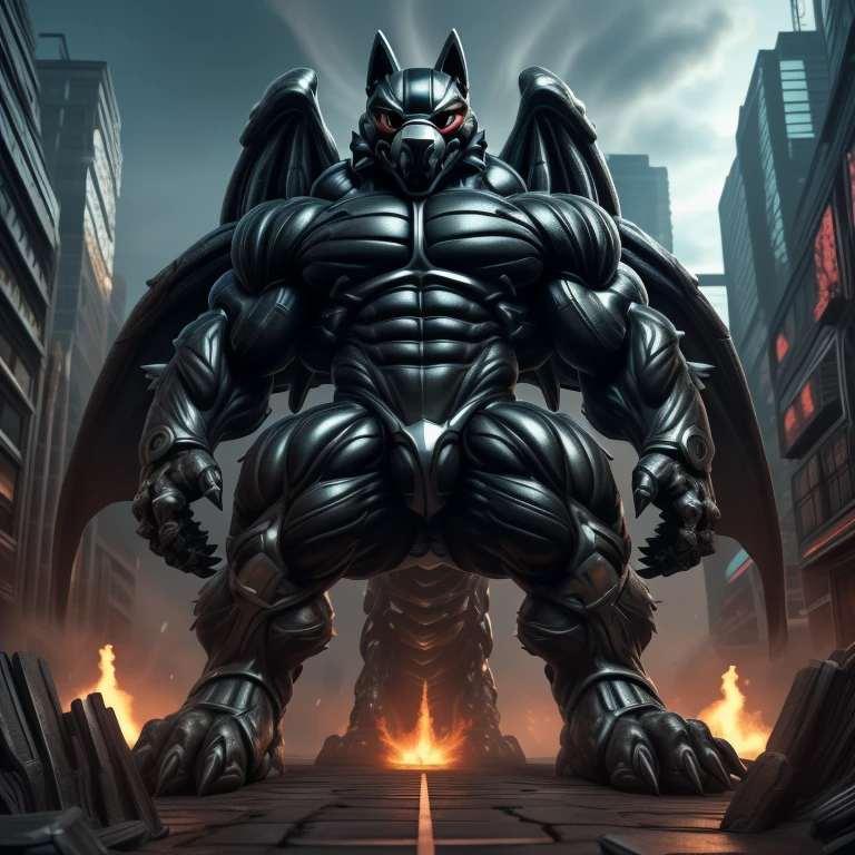 (masterpiece. official art. 8k. best quality. detailed full body. full body.)
(situation 1 : dominating LUCARIO. focus GIANT mechanical Muscular LUCARIO is trampling the CITY. macro. stomp. Low-angle perspective. emphasizing the immense size. The perspective is from below, emphasizing the sheer majesty and power of the Giant. giant art. He is much bigger than a skyscraper. Giga Giants. micro soccer field. looking down.)

(situation 2 :smoke and flames rising from the destruction in the city)

(Additional details 1: wearing a full-face helmet. helmet is jet black. The color of NANOSUIT is jet black. high-tech bio-mecha armor. real texture material. whole body shines like metal. Wearing cyberpunk mecha. emphasizes the muscles. suit fully made of metal. intricate armor. Robotic suit. suit fully made of metal. no face.). (Lucario has 5 toes.) Wearing a Full Face Toxic Gas Mask. no blue.
An arrogant expression.
smile at the corner of your mouth.

(Additional details 2: (Detailed head. Detailed Body. Detailed abs. gigantic muscles. HYPER MUSCLES. Gigachad Muscular. big muscle. pecs. triceps. traps. unusually developed muscular body. body full of huge muscles. showing off muscles. pectorales enormes. Exaggeratedly huge muscles. huge muscles. long legs.).

(Additional details 3: nj5furry, Spread wings. It has wings. black have big wings. The claws are sharp. Sharp teeth.5 toes.).  Wearing a Full Face Toxic Gas Mask. 