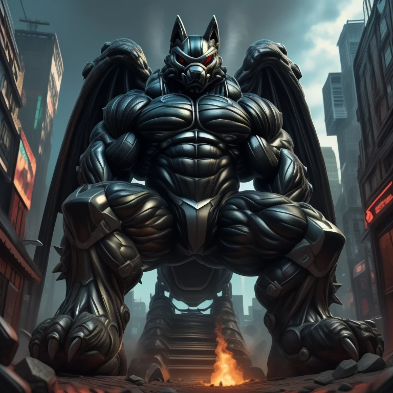 (masterpiece. official art. 8k. best quality. detailed full body. full body.)
(situation 1 : dominating LUCARIO. focus GIANT mechanical Muscular LUCARIO is trampling the CITY. macro. stomp. Low-angle perspective. emphasizing the immense size. The perspective is from below, emphasizing the sheer majesty and power of the Giant. giant art. He is much bigger than a skyscraper. Giga Giants. micro soccer field. looking down.)

(situation 2 :smoke and flames rising from the destruction in the city)

(Additional details 1: wearing a full-face helmet. helmet is jet black. The color of NANOSUIT is jet black. high-tech bio-mecha armor. real texture material. whole body shines like metal. Wearing cyberpunk mecha. emphasizes the muscles. suit fully made of metal. intricate armor. Robotic suit. suit fully made of metal. no face.). (Lucario has 5 toes.) Wearing a Full Face Toxic Gas Mask. no blue.
An arrogant expression.
smile at the corner of your mouth.

(Additional details 2: (Detailed head. Detailed Body. Detailed abs. gigantic muscles. HYPER MUSCLES. Gigachad Muscular. big muscle. pecs. triceps. traps. unusually developed muscular body. body full of huge muscles. showing off muscles. pectorales enormes. Exaggeratedly huge muscles. huge muscles. long legs.).

(Additional details 3: nj5furry, Spread wings. It has wings. black have big wings. The claws are sharp. Sharp teeth.5 toes.).  Wearing a Full Face Toxic Gas Mask. 