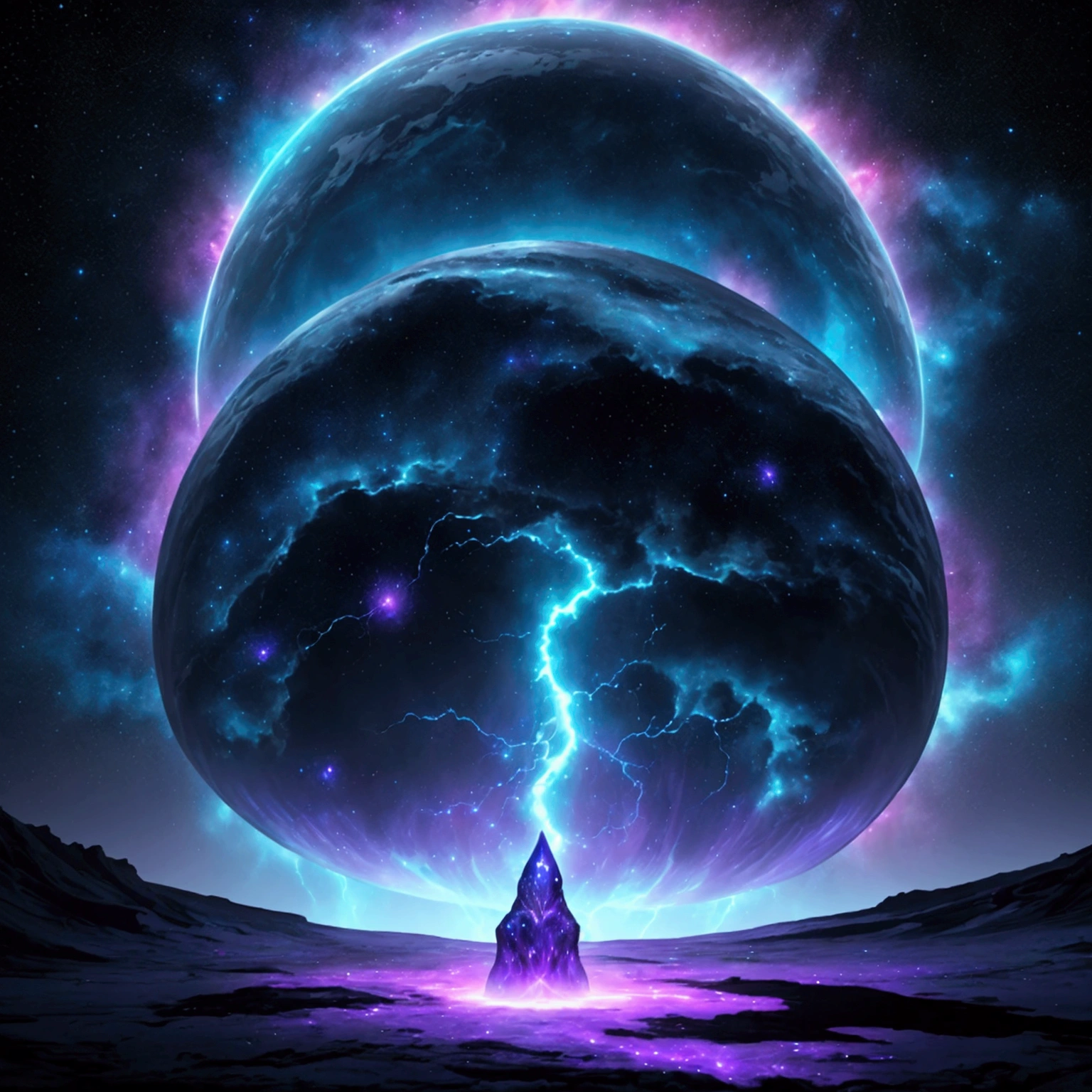 In the vast expanse of the cosmos, a nebula-shaped creature emerges before the serene surface of a distant planet. The creature's ethereal form undulates with an iridescent glow, as if infused with the essence of stardust. Amidst the swirling vortex of blue and purple hues, lightning bolts crackle through the darkness, casting an otherworldly ambiance upon the celestial scene.