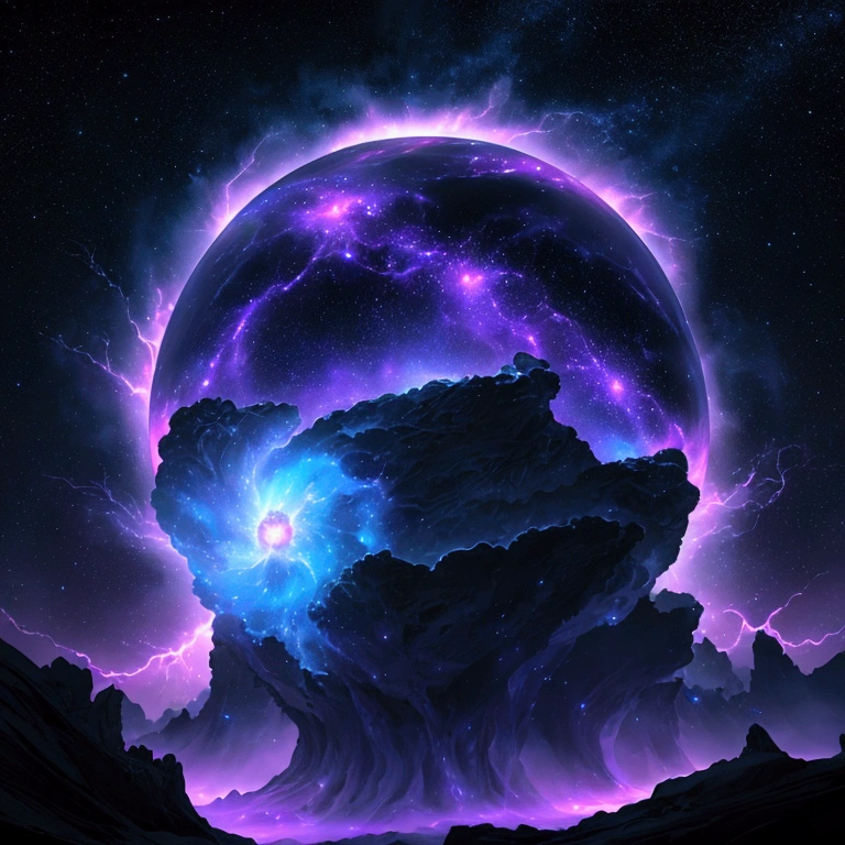In the vast expanse of the cosmos, a nebula-shaped creature emerges before the serene surface of a distant planet. The creature's ethereal form undulates with an iridescent glow, as if infused with the essence of stardust. Amidst the swirling vortex of blue and purple hues, lightning bolts crackle through the darkness, casting an otherworldly ambiance upon the celestial scene.
