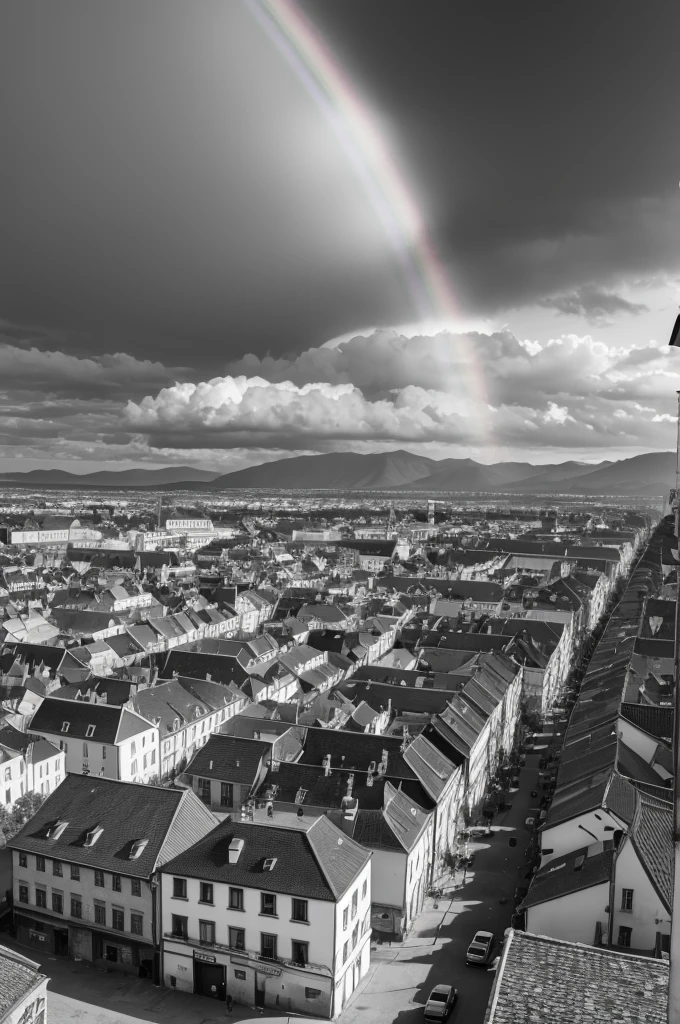 Monochrome rainbow over an old town