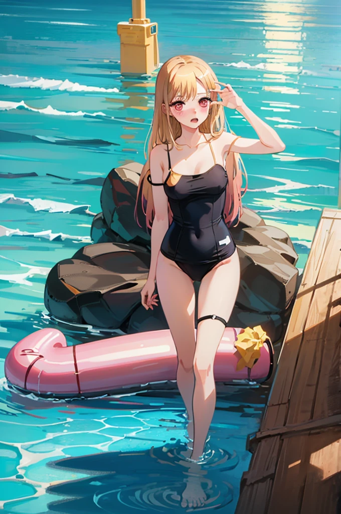 Random patterned swimsuit、Random Swimsuit、Swimsuits in random colors、Random pose、、Acme Face、Random pose、, Pale red eyes、Semi-long hair、Chestnut Hair、Sandy Beach、、、nsfw、Highest quality、1 girl、solo、Ocean、Sexy pose、Random pose、Blushing、wet、Embarrassed、I can see half of my 、、One Piece Swimwear、(Strap slip:1.3)、Swimsuits in random colors、Swimwear