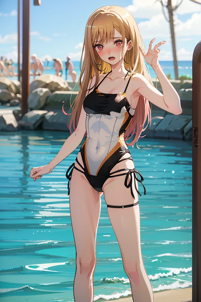 Random patterned swimsuit、Random Swimsuit、Swimsuits in random colors、Random pose、、Acme Face、Random pose、, Pale red eyes、Semi-long hair、Chestnut Hair、Sandy Beach、、、nsfw、Highest quality、1 girl、solo、Ocean、Sexy pose、Random pose、Blushing、wet、Embarrassed、I can see half of my 、、One Piece Swimwear、(Strap slip:1.3)、Swimsuits in random colors、Swimwear