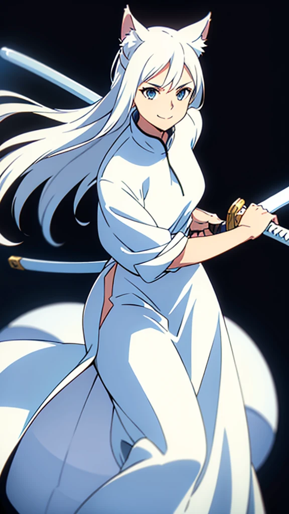 1girl ,solo,20s,mature female,white hair,long hair,fox ears,(simple background),white shirt,white skirt,smile,battoujutsu