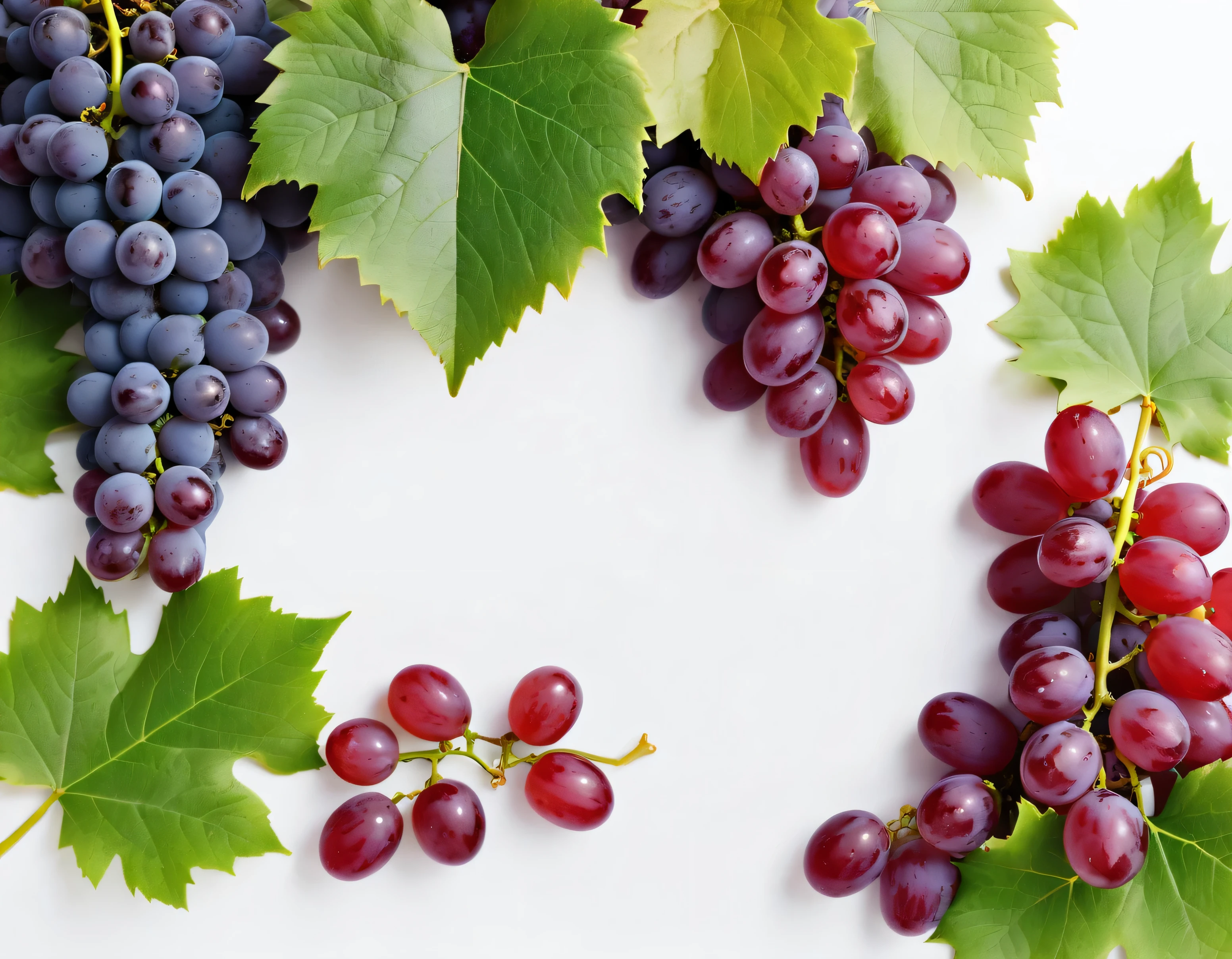 White background, grape leaves and ripe red grapes are in all corners of the white background,