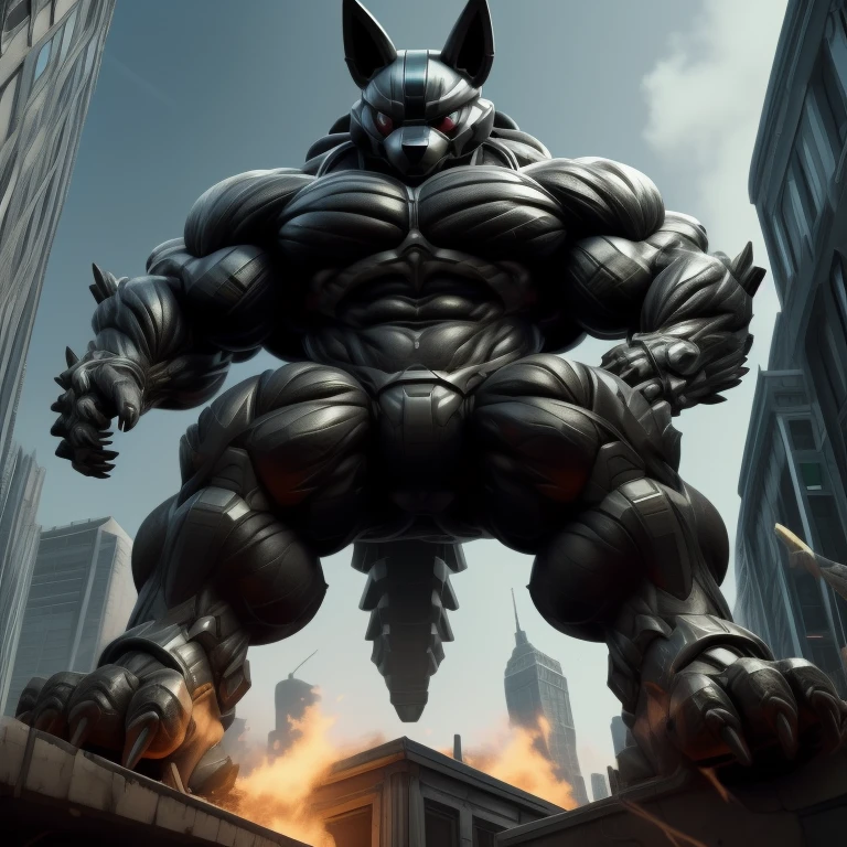 (masterpiece. official art. 8k. best quality. detailed full body. full body.)
(situation 1 : dominating LUCARIO. focus GIANT mechanical Muscular LUCARIO is trampling the CITY. macro. stomp. Low-angle perspective. emphasizing the immense size. The perspective is from below, emphasizing the sheer majesty and power of the Giant. giant art. He is much bigger than a skyscraper. Giga Giants. micro soccer field. looking down.)

(situation 2 :smoke and flames rising from the destruction in the city)

(Additional details 1: wearing a full-face helmet. helmet is jet black. The color of NANOSUIT is jet black. high-tech bio-mecha armor. real texture material. whole body shines like metal. Wearing cyberpunk mecha. emphasizes the muscles. suit fully made of metal. intricate armor. Robotic suit. suit fully made of metal. no face.). (Lucario has 5 toes.) Wearing a Full Face Toxic Gas Mask. no blue.
An arrogant expression.
smile at the corner of your mouth.

(Additional details 2: (Detailed head. Detailed Body. Detailed abs. gigantic muscles. HYPER MUSCLES. Gigachad Muscular. big muscle. pecs. triceps. traps. unusually developed muscular body. body full of huge muscles. showing off muscles. pectorales enormes. Exaggeratedly huge muscles. huge muscles. long legs.).

(Additional details 3: nj5furry, Spread wings. It has wings. black have big wings. The claws are sharp. Sharp teeth.5 toes.).  Wearing a Full Face Toxic Gas Mask. 