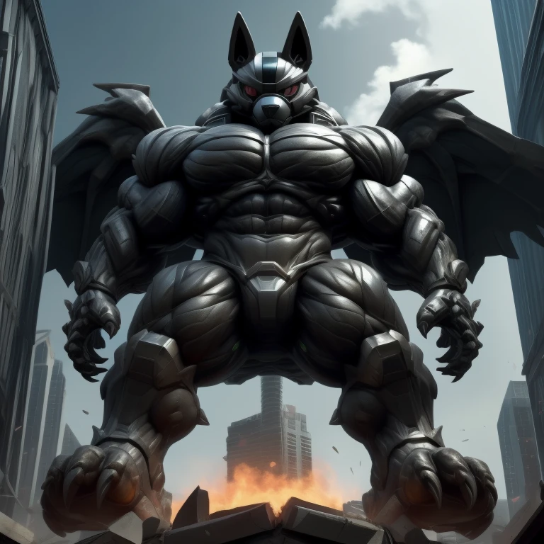 (masterpiece. official art. 8k. best quality. detailed full body. full body.)
(situation 1 : dominating LUCARIO. focus GIANT mechanical Muscular LUCARIO is trampling the CITY. macro. stomp. Low-angle perspective. emphasizing the immense size. The perspective is from below, emphasizing the sheer majesty and power of the Giant. giant art. He is much bigger than a skyscraper. Giga Giants. micro soccer field. looking down.)

(situation 2 :smoke and flames rising from the destruction in the city)

(Additional details 1: wearing a full-face helmet. helmet is jet black. The color of NANOSUIT is jet black. high-tech bio-mecha armor. real texture material. whole body shines like metal. Wearing cyberpunk mecha. emphasizes the muscles. suit fully made of metal. intricate armor. Robotic suit. suit fully made of metal. no face.). (Lucario has 5 toes.) Wearing a Full Face Toxic Gas Mask. no blue.
An arrogant expression.
smile at the corner of your mouth.

(Additional details 2: (Detailed head. Detailed Body. Detailed abs. gigantic muscles. HYPER MUSCLES. Gigachad Muscular. big muscle. pecs. triceps. traps. unusually developed muscular body. body full of huge muscles. showing off muscles. pectorales enormes. Exaggeratedly huge muscles. huge muscles. long legs.).

(Additional details 3: nj5furry, Spread wings. It has wings. black have big wings. The claws are sharp. Sharp teeth.5 toes.).  Wearing a Full Face Toxic Gas Mask. 