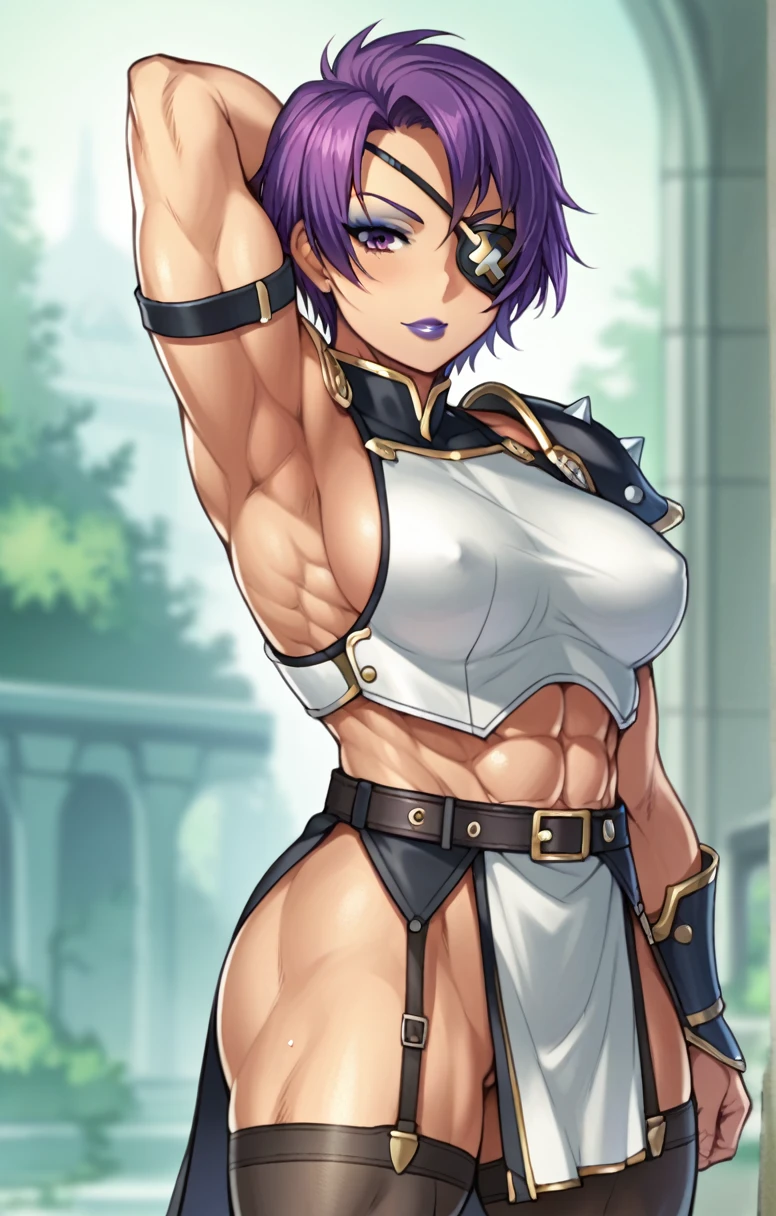 score_9, score_8_up, score_7_up, by bosshi, anime screencap BREAK source_anime, rating:explicit, 1girl , armband, armor , armpits, eyepatch, garter belt, garter strap, lipstick, looking at viewer , makeup, muscular , muscular female, purple hair, short hair , standing ,