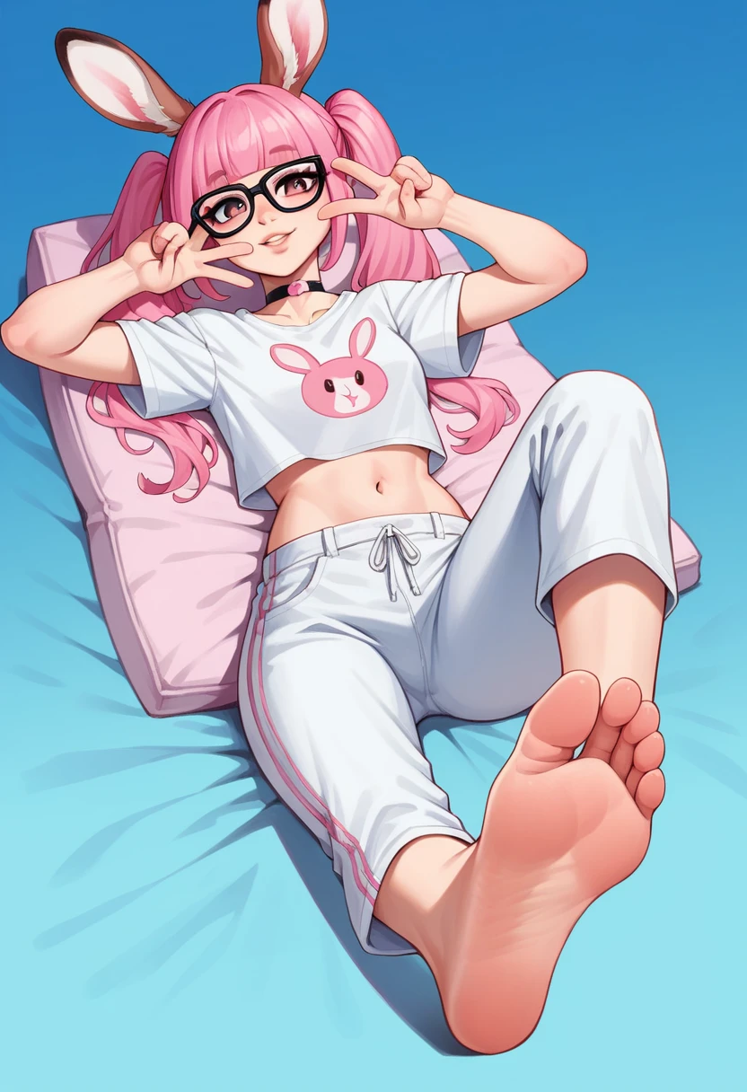 Masterpiece, pink deer animal ears, foot focus, foot fetish, perfect face, smile, vramslace, 1girl, solo, long hair, looking at viewer, bangs, shirt, navel, twintails, pink hair, perfect hair, glasses, choker, midriff, pants, blunt bangs, rabbit ears, two-tone hair, lips, crop top, v, blue background, t-shirt, black-framed eyewear, print shirt, lying down in pink bed