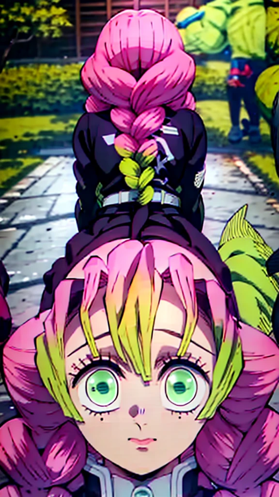 1girl, from behind, looking at viewer, huge ass, black trousers, on all fours, pink hair with green hair tips