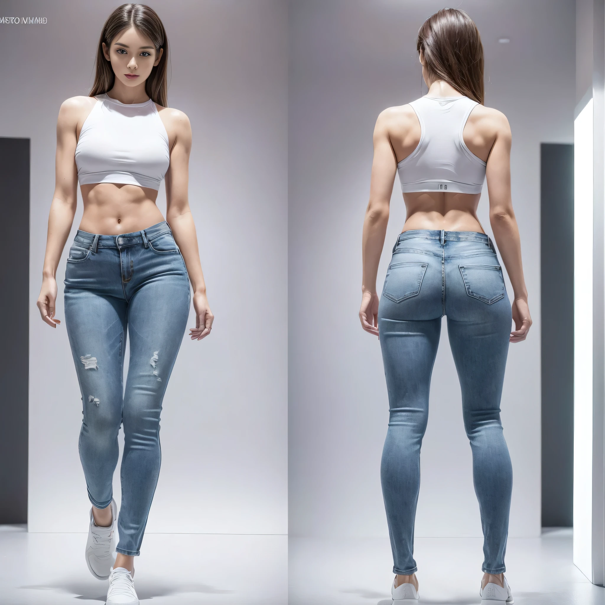 (photorealistic Realism 16K Quality, ultra-fine digital art), (Hyper-realistic proportional body, anatomically correct:1.3), Detailed character sheet, Front view, Side view, Diagonal view, with a white returnground, show women, 23 years old, with short dark brown hair combed return, Perfect body proportions,Whitens skin, ((narrow waist:1.3)), (small ass), (slim slim well-muscled body:1.15), Wearing light SPORT clothing, Wearing short tight pants demie jeans. Armpit, The seat includes different angles, Front etc., return, firm and full breasts, look at the viewer, Model sheets and reference sheets, ((Full-body photo)). Proportions are based on a 7.0 head scale.