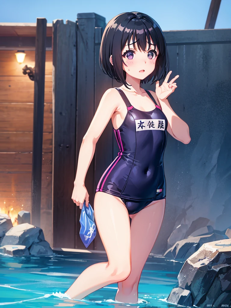 Random patterned swimsuit、Random patterned swimsuit,Swimsuit,Blushing、short hair、Black Hair、Pale purple eyes、Head to toe full body、Blushing、Embarrassed look、Composition from the front、A view from slightly below、school swimwear、Acme Face、Random pose、, 、nsfw、Highest quality、1 girl、solo、Ocean、Sandy Beach、Sexy pose、Random pose、Blushing、wet、Embarrassed、I can see half of my 、、One piece swimsuit、(Strap slip:1.3)、