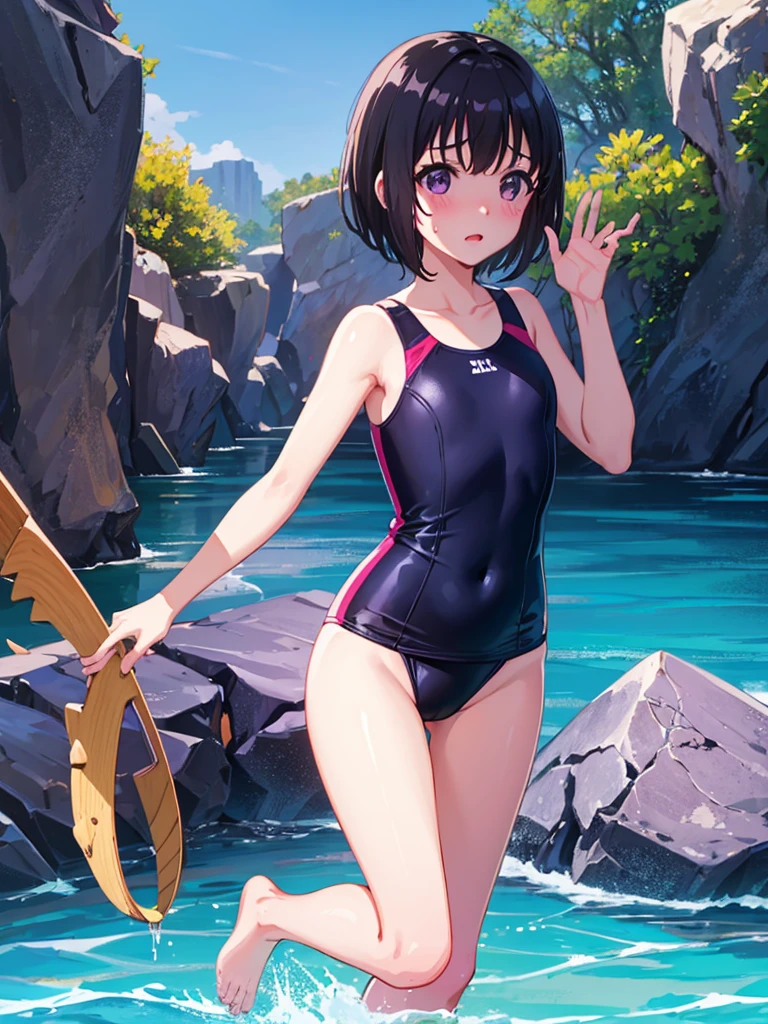 Random patterned swimsuit、Random patterned swimsuit,Swimsuit,Blushing、short hair、Black Hair、Pale purple eyes、Head to toe full body、Blushing、Embarrassed look、Composition from the front、A view from slightly below、school swimwear、Acme Face、Random pose、, 、nsfw、Highest quality、1 girl、solo、Ocean、Sandy Beach、Sexy pose、Random pose、Blushing、wet、Embarrassed、I can see half of my 、、One piece swimsuit、(Strap slip:1.3)、