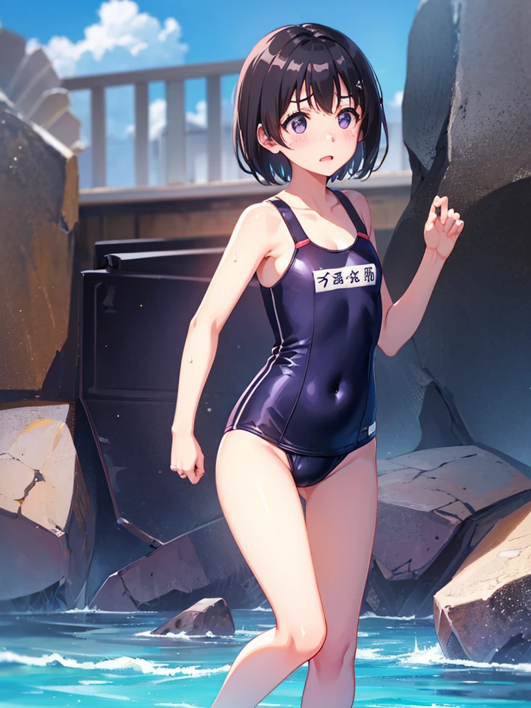 Random patterned swimsuit、Random patterned swimsuit,Swimsuit,Blushing、short hair、Black Hair、Pale purple eyes、Head to toe full body、Blushing、Embarrassed look、Composition from the front、A view from slightly below、school swimwear、Acme Face、Random pose、, 、nsfw、Highest quality、1 girl、solo、Ocean、Sandy Beach、Sexy pose、Random pose、Blushing、wet、Embarrassed、I can see half of my 、、One piece swimsuit、(Strap slip:1.3)、